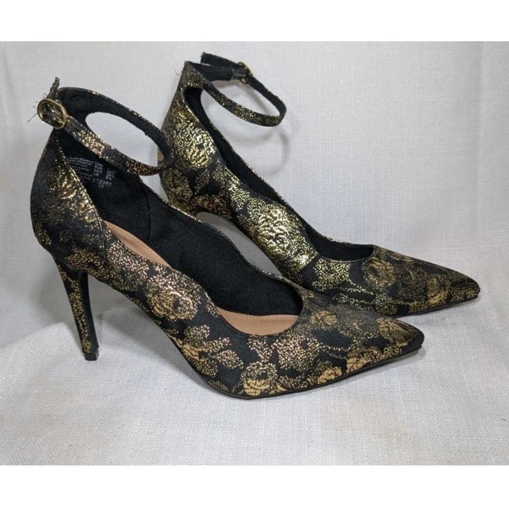 Christian Siriano for Payless Black Gold Floral Brocade Ankle Strap Pumps 7.5W